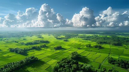 Wall Mural - Aerial view of green fields and clouds.