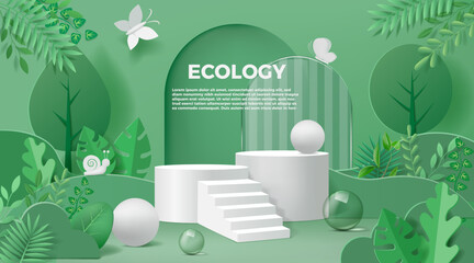 Poster - Green background. Eco tree banner with organic product podium in garden, environment design with plant leaf and flowers. Minimal style empty showcase backdrop. Banner template. Vector design