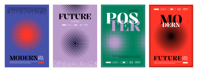 Aufkleber - Geometric pattern. Abstract posters. Future graphic. Sun burst firework shapes. Round halftone dotted texture. Modern brochure with gradient beam. Bauhaus flyers. Vector banners design set