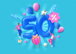 Discount banner. 50 percent mega sale. 3D numbers and presents. Special offer. Happy people fly with stars and balloons. Online shopping event. Buy marketing. Vector promotion background
