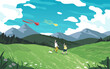 Forest background. Children fly kite into sky. Flying toy. Kids play game. Mountains and clouds. Grassland flowers. Hill scenery of outing travel. Running boys. Vector nature landscape