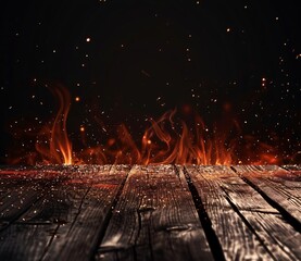 Canvas Print - The empty wooden table top with fire and sparks on black background 
