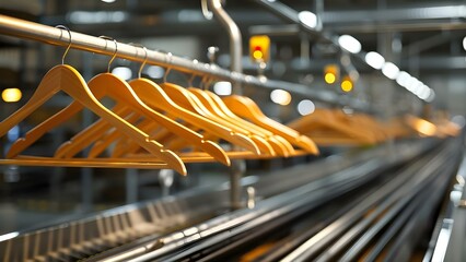 Clothes hangers moving along a conveyor belt in a dry cleaning facility. Concept Industrial Automation, Textile Processing, Supply Chain Management, Manufacturing Technology, Clothing Industry