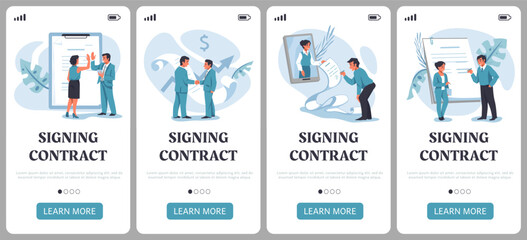 Fototapete - Contract signing. Documents signature. Mobile app interface. Smartphone display template. Business partnership. Electronic agreement. Online service UI. Vector phone web banners set