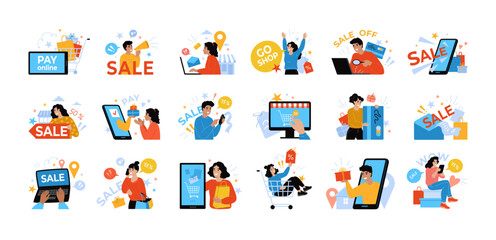 Aufkleber - Online shopping. People in phone shop. Sale promotion. Internet store discount. Business delivery. Woman customer making order in smartphone. Mobile application service. Vector flat set