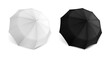 Realistic umbrella. Parasol mockup for branding. Opened waterproof sun canopy top view. Black and white blank design. Automatic tents. Vector rain protection 3D stylish accessories set
