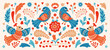 Scandinavian pattern. Folklore bird motif. Swedish or Norway vintage animal ornament. Hugge flower and summer art. Blossoms and leaves. Fantasy songbirds. Folk sparrows. Vector background