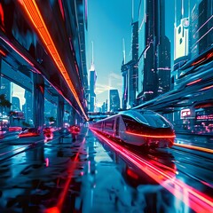 Cityscape with maglev trains gliding silently overhead, pedestrians hovering across the walk, twilight setting casting a soft glow, vibrance all around, technology advanced, future forever