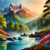 Fototapeta Tęcza - illustration d'un paysage de montagne avec forêt et rivière très coloré dans la brume