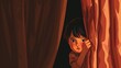 Illustrated concept of a young boy peeking from behind curtains, representing the unseen witnesses of domestic abuse. The silent impact on children