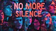 Vivid illustration of multiple female faces, rallying cry 'No More Silence' against abuse. Empowerment and unity in confronting domestic violence