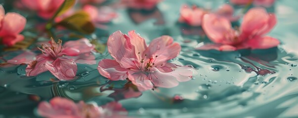 Wall Mural - Tender pink flowers floating in water, close-up.