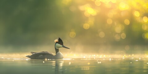 A solitary great crested grebe floats on a lake surrounded by foliage in the soft morning light against green background