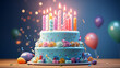 Delightful birthday cake adorned with vibrant candles, positioned against a charming pastel blue surface, providing a whimsical and inviting setting for celebratory events, 