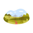 Summer rural green landscape with power line infrastructure, aerial view vector illustration