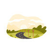 Rural countryside landscape, highway road with telegraph poles and power lines vector illustration