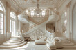 A luxurious white living room with a grand marble staircase and ornate iron railing, exuding elegance and sophistication.
