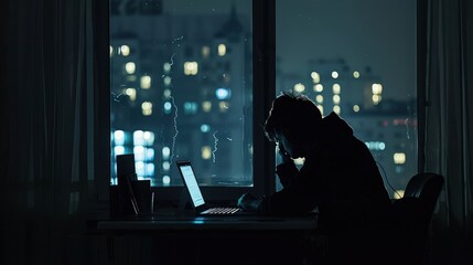 Window silhouette of a creepy computer hacker hunched over a laptop late at night 8k