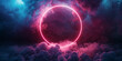 Glowing neon ring circle on a dark background with clouds or smoke. Decorative horizontal banner. Digital raster bitmap photo style illustration. Purple, pink and blue colors. AI artwork.	