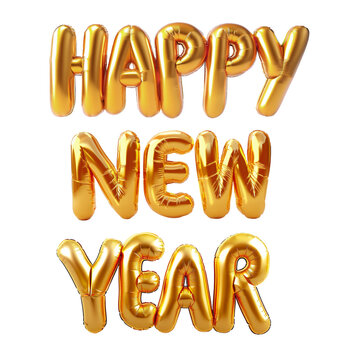 Happy New Year. Photo with inflatable gold letters. Minimalistic balloon lettering isolated on a white background