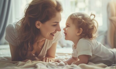 Love family parenthood childhood concept. Beautiful mother and her kid playing together at home, Generative AI