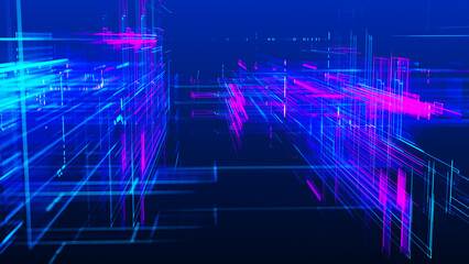 Poster - Abstract techno background. Three-dimensional composition of intersecting multi-colored grids. Information technology concept. Digital cyberspace with particles. 3d rendering.