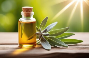 Wall Mural - a small glass bottle of sage oil on a wooden table, a fresh green sprig of sage, twig, medicinal solution, food flavor, natural background, sunny day