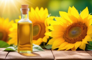 Wall Mural - a small transparent glass bottle of sunflower oil on a wooden table, fresh yellow flowers, eco-friendly medicinal solution, a field of sunflowers on the background, a sunny day
