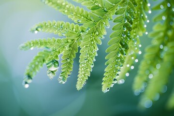 Wall Mural - Close-up of water droplets on a green fern leaf, glistening in the light, showcasing delicate textures and patterns