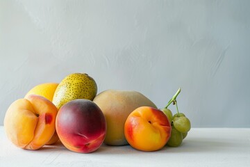 Wall Mural - A group of assorted fruits, including a peach, are neatly arranged on a white tabletop