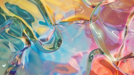 Canvas Print - Glass floating flat organic forms, shapeless,  holographic background.