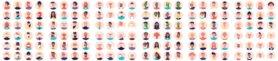 Mega set flat people avatars icons. Portraits of female and male mascots. Contains such cartoon characters Business, Emoji, Hipster, Zombie, Medical, Designer and more. Bundle vector illustrations.