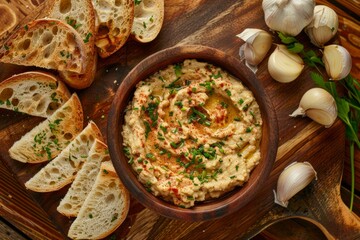 Canvas Print - Overhead view of a wooden serving platter with a bowl of hummus surrounded by neatly arranged garlic slices