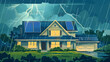 Illustration of a sustainable house with solar panels on the roof facing a dramatic thunderstorm