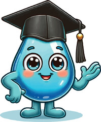 Wall Mural - Cartoon water drop in graduation cap, water element, isolated on white background