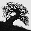 Scary tree without leaves. Black and white landscape. Vector illustration