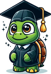 Wall Mural - Cartoon green turtle wearing a black graduation cap and gown, isolated on white background