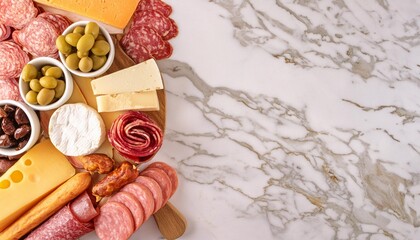 Poster - variety of charcuterie cheeses meats and appetizers overhead view side border on a white marble background with copy space