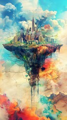 Poster - Artistic representation of a city on a floating earth fragment amidst clouds, depicting seismic instability