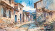 Watercolor painting of a damaged village street post-earthquake, with distant mountains