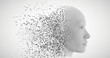 Human head dispersing and disintegrating into particles. 3D vector illustration of fusion between human and artificial intelligence.