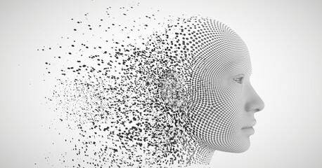 Human head dispersing and disintegrating into particles. 3D vector illustration of fusion between human and artificial intelligence.