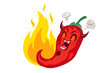 Vector illustration of a spicy chilli pepper with flame. Cartoon of red devil chilli for Mexican or Thai food. Spicy chili pepper.