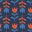 Vector vintage floral seamless pattern in scandinavian folk style. Retro seamless pattern with grunge tulip flowers