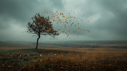 Windy autumn scene, winter colour palette, rough brush strokes