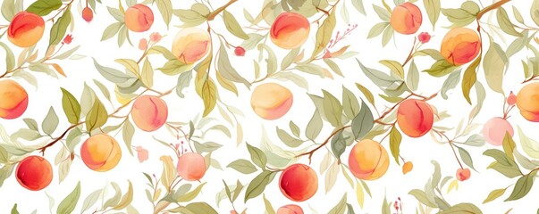 Wall Mural - peach tree branch with leaves and peaches, seamless pattern, soft watercolor, white background