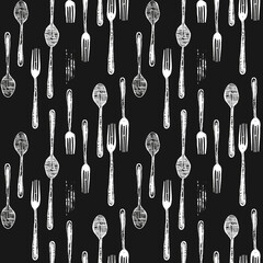 Poster - A design featuring a repetitive pattern of hand-drawn white forks and spoons set against a black background.