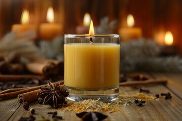 Canvas Print - A candle is lit in a glass on a table with some spices