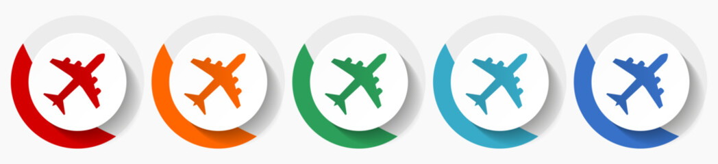 Fototapete - Flight, plane, aircraf vector icon set, flat icons for logo design, webdesign and mobile applications, colorful round buttons