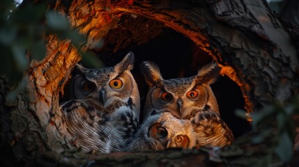 Two captivating owls gaze out from the safety of a tree hollow, illuminated by the warm glow of the setting sun